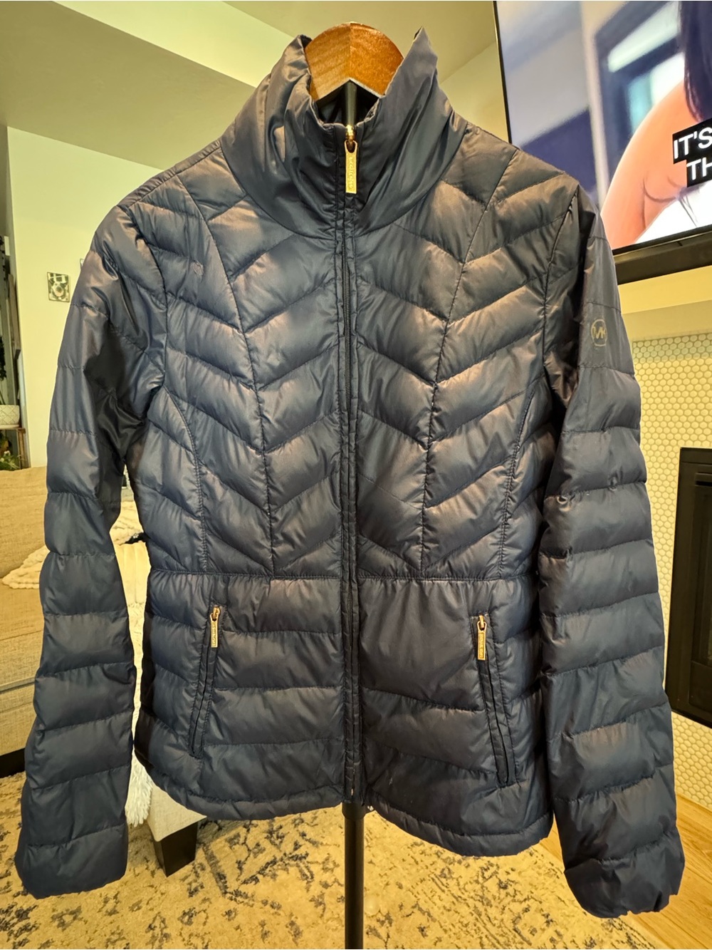 Michael Kors Navy Blue Packable Down Chevron Puffer Jacket Coat [Medium]